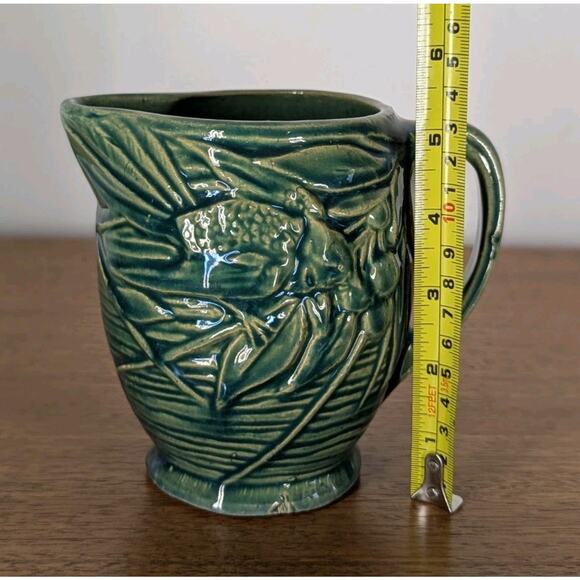 Early McCoy Bird and Cherries Art Pottery Pitcher Green Glaze Made In USA - Picture 7 of 9